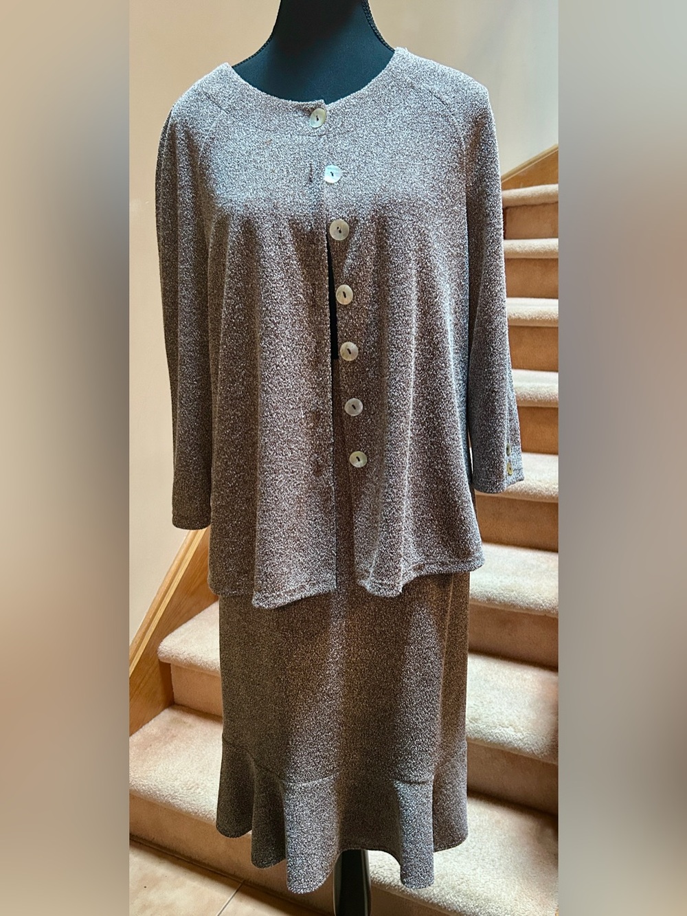 Women's Metallic Grey Knit Two-Piece Set, Button Cardigan & Skirt, 1990s Vintage